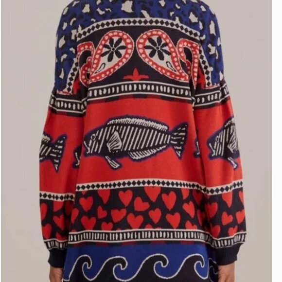 Farm Rio Navy Mix Oversized Fish Print Front Buttons Cardigan size XS - Picture 2 of 7